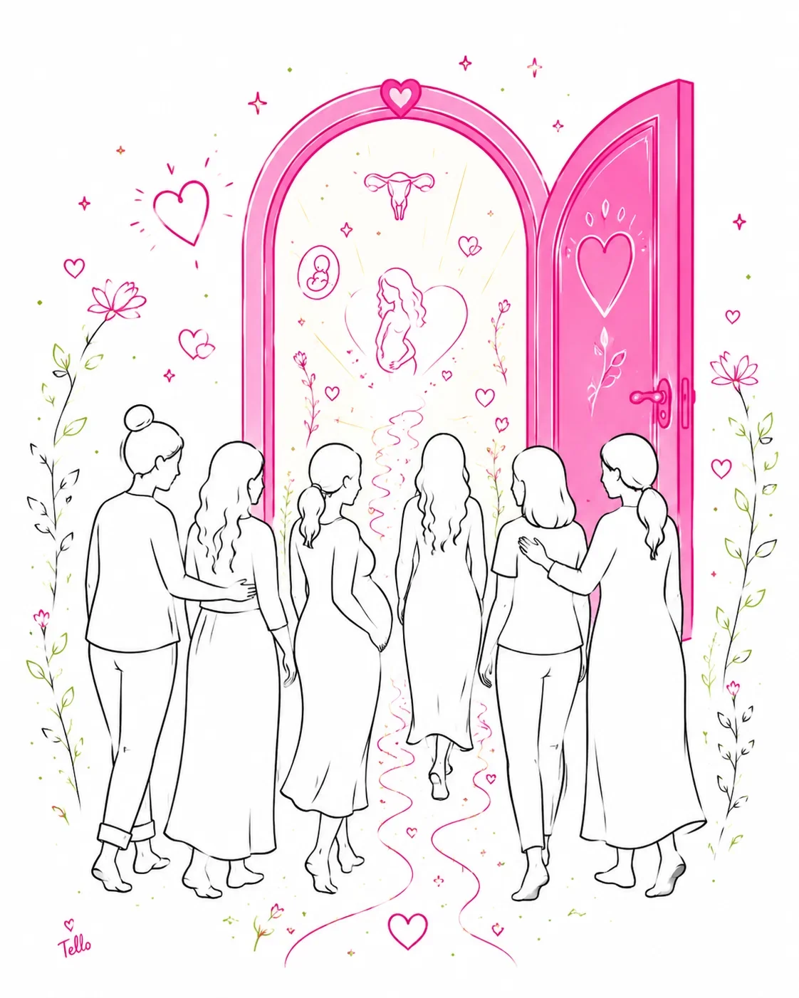 Ilustración de mujeres entrando juntas por una puerta hacia la maternidad y el poder creador