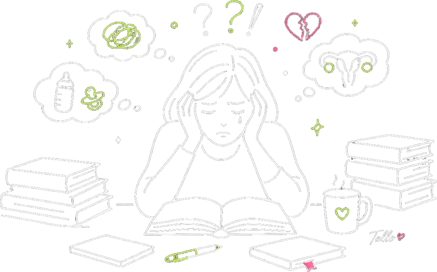 Ilustración de mujer agobiada estudiando, rodeada de pensamientos sobre fertilidad