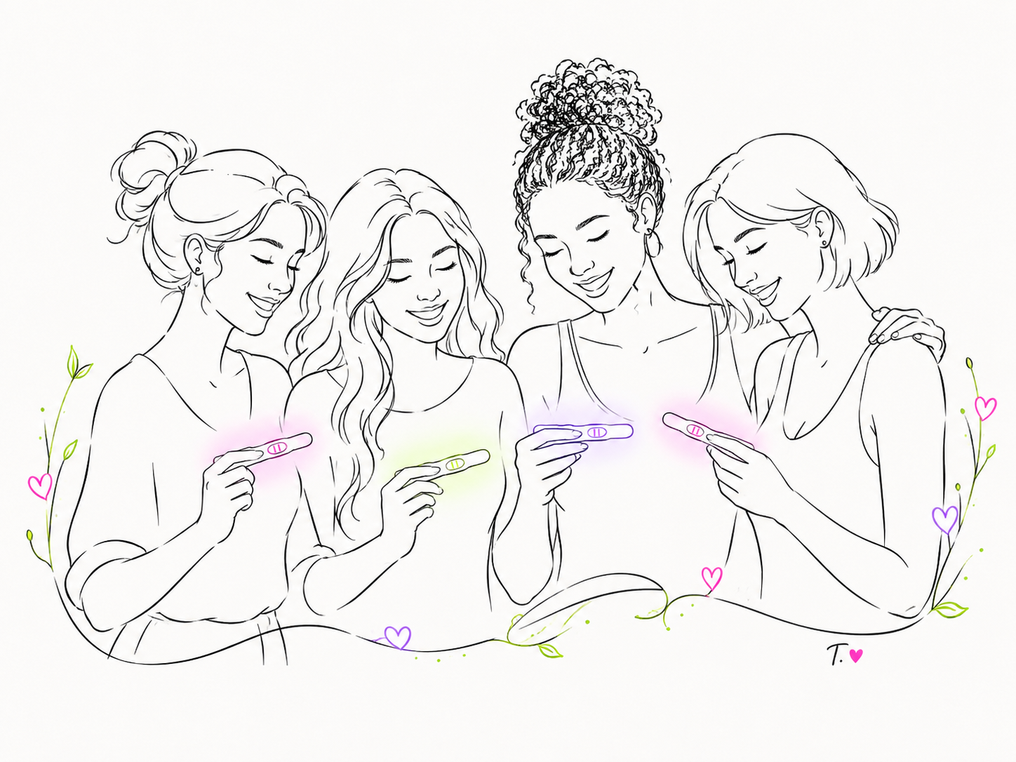 Ilustración de mujeres celebrando test positivos