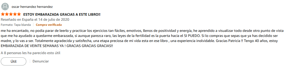 Pantallazo real individual de una reseña de Amazon sobre Las Leyes de la Fertilidad®