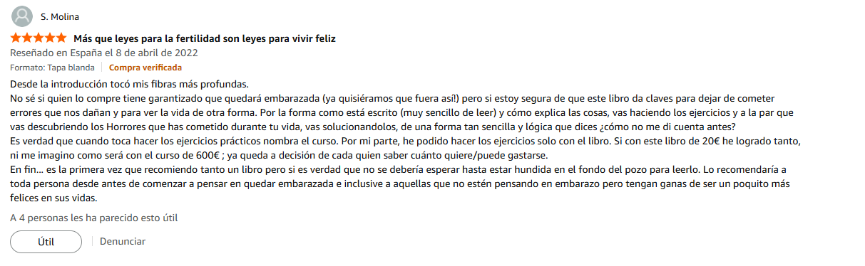 Pantallazo real individual de una reseña de Amazon sobre Las Leyes de la Fertilidad®