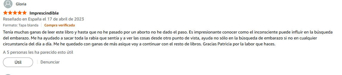 Pantallazo real individual de una reseña de Amazon sobre Las Leyes de la Fertilidad®