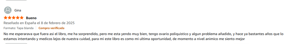 Pantallazo real individual de una reseña de Amazon sobre Las Leyes de la Fertilidad®