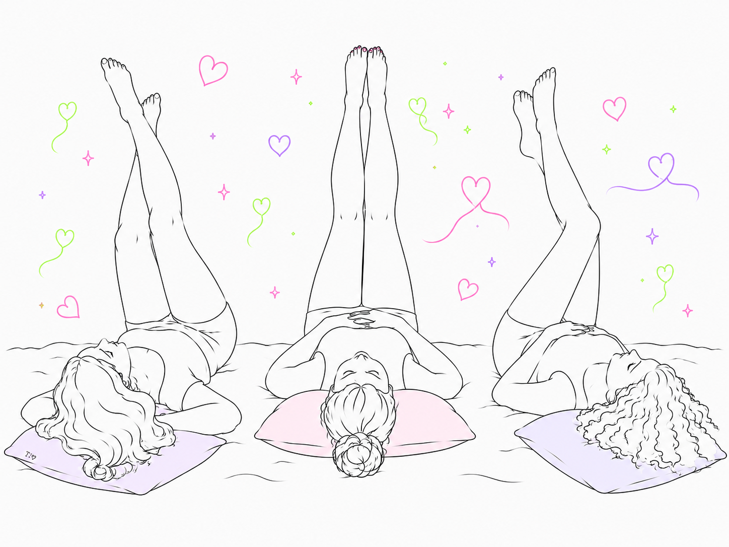Ilustración de tres mujeres con las piernas arriba en fondo claro