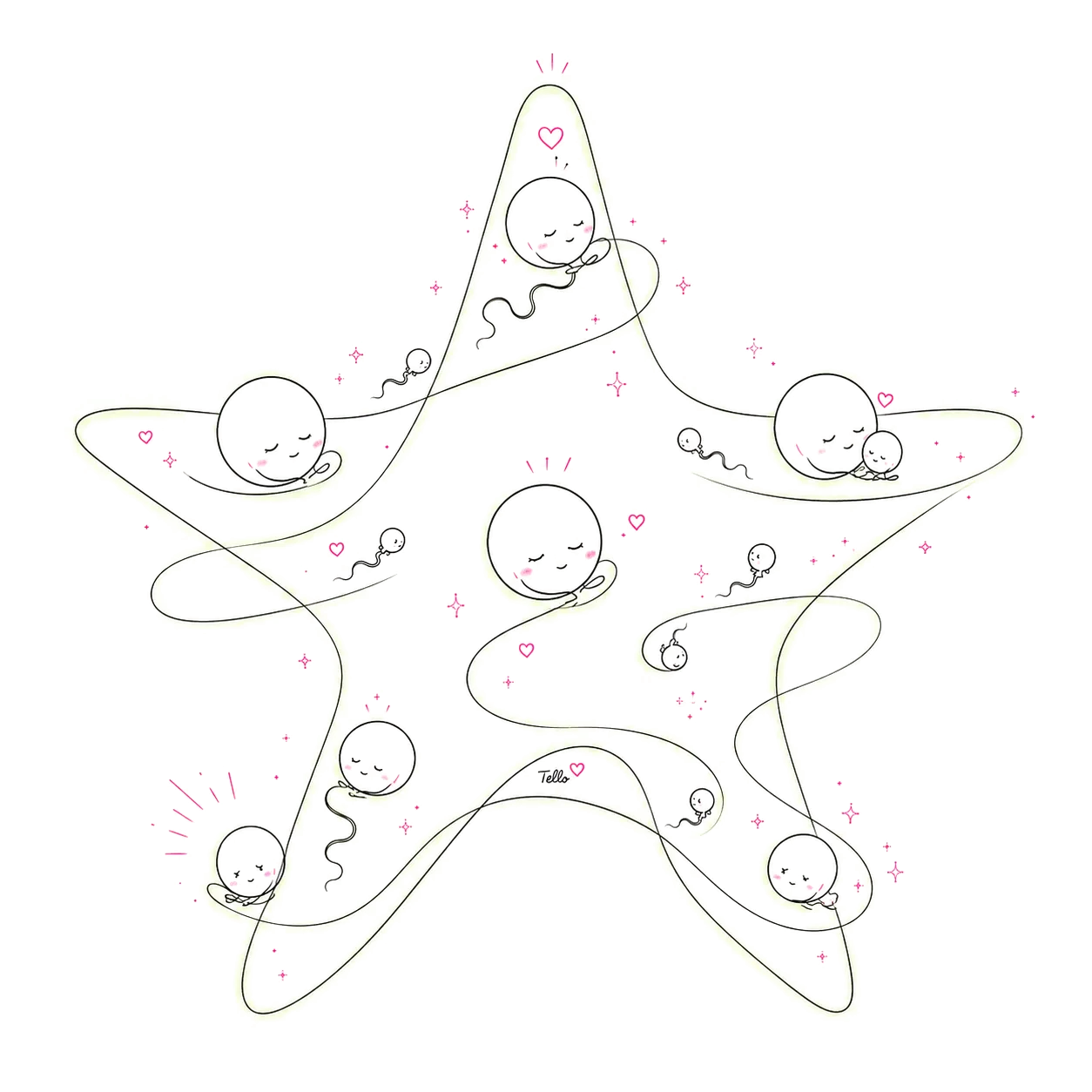 Ilustración de una estrella creadora formada por óvulos, espermatozoides y bebés