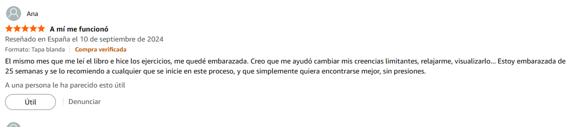 Pantallazo real individual de una reseña de Amazon sobre Las Leyes de la Fertilidad®