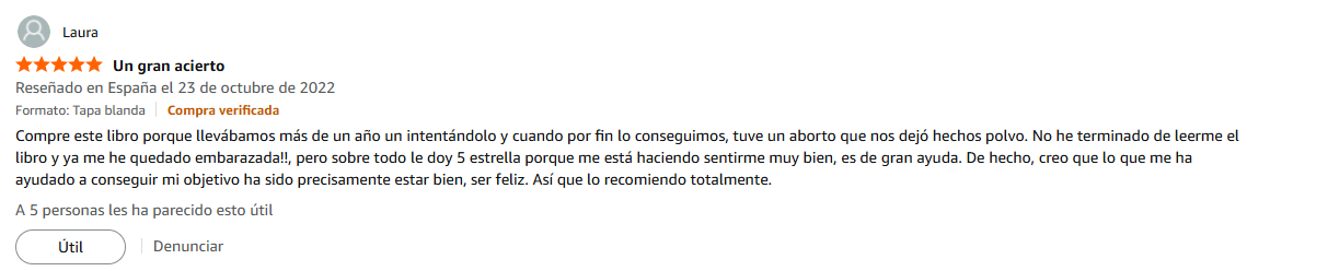 Pantallazo real individual de una reseña de Amazon sobre Las Leyes de la Fertilidad®