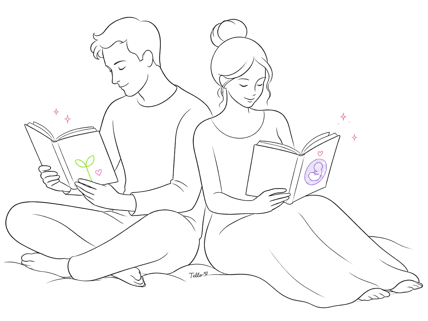 Ilustración de una pareja leyendo libros sobre fertilidad