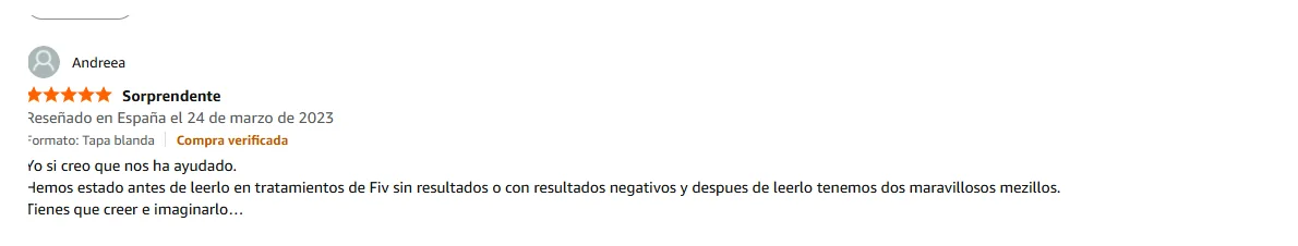 Pantallazo real individual de una reseña de Amazon sobre Las Leyes de la Fertilidad®