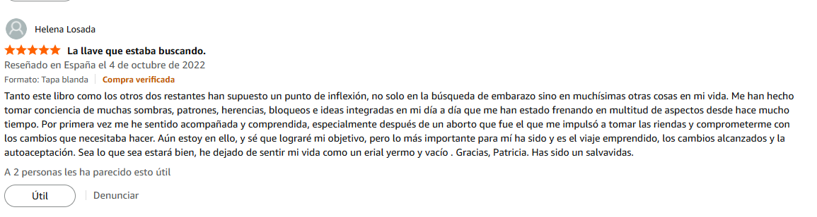 Pantallazo real individual de una reseña de Amazon sobre Las Leyes de la Fertilidad®