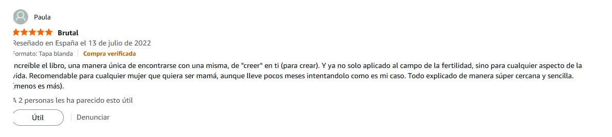 Pantallazo real individual de una reseña de Amazon sobre Las Leyes de la Fertilidad®