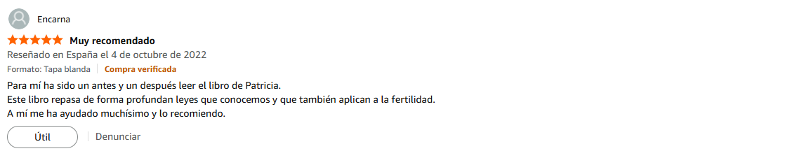 Pantallazo real individual de una reseña de Amazon sobre Las Leyes de la Fertilidad®