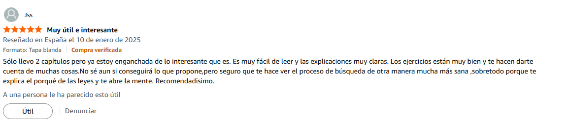 Pantallazo real individual de una reseña de Amazon sobre Las Leyes de la Fertilidad®
