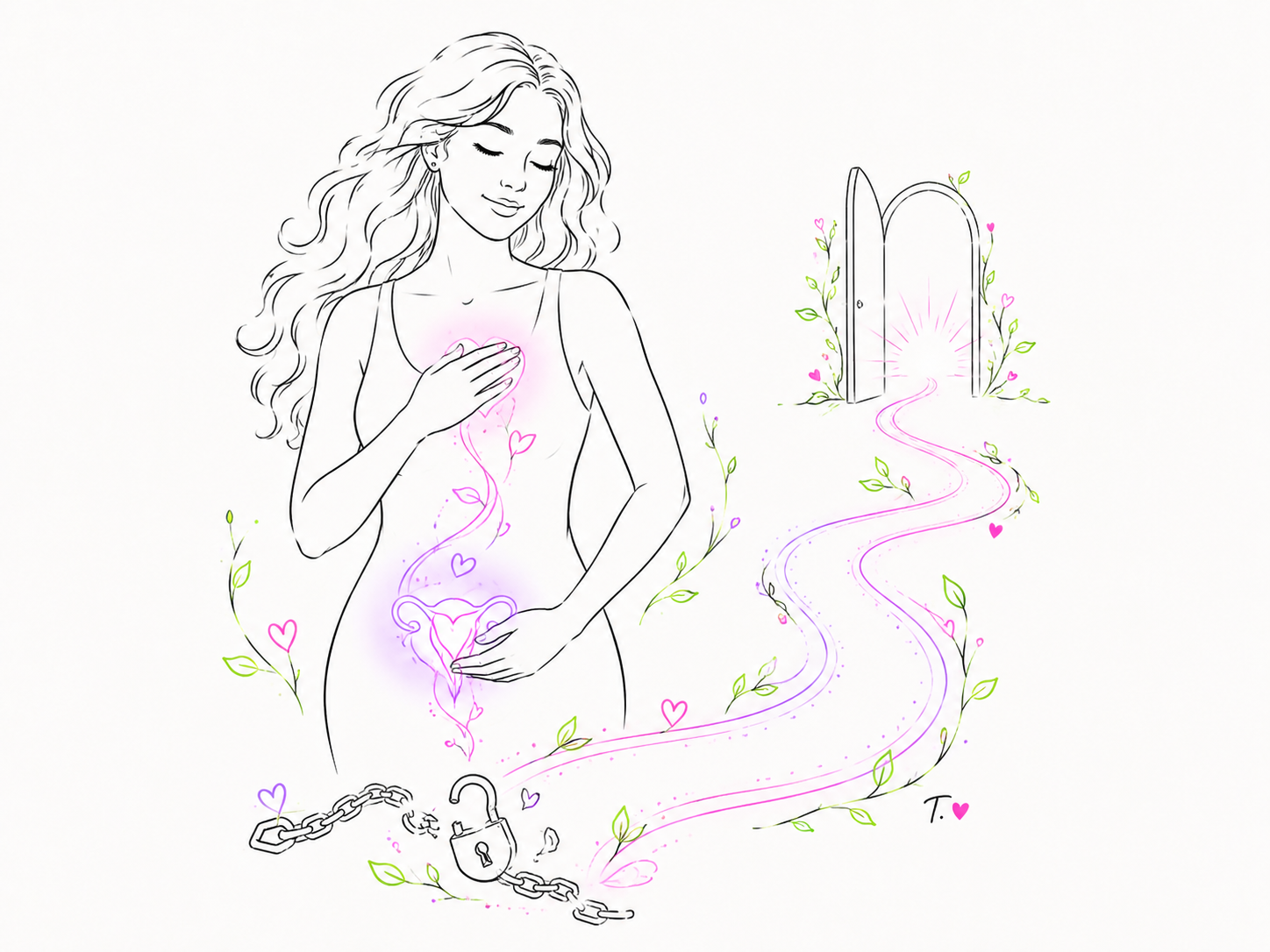 Ilustración de una mujer liberándose y avanzando por un nuevo camino
