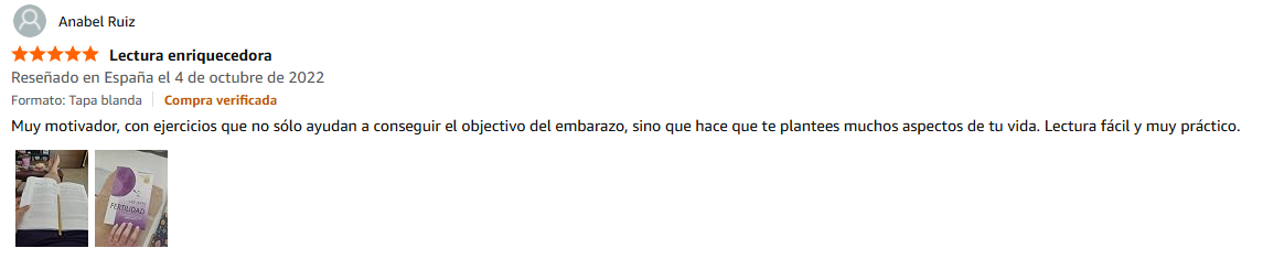 Pantallazo real individual de una reseña de Amazon sobre Las Leyes de la Fertilidad®