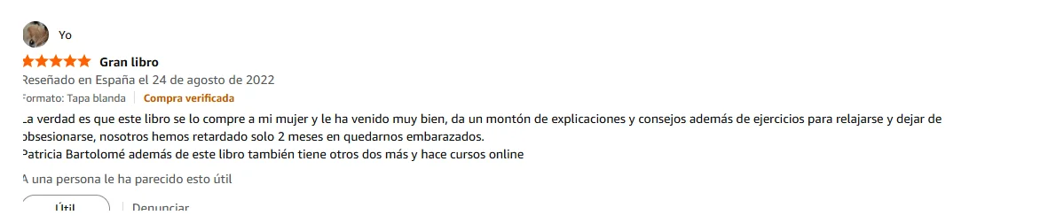 Pantallazo real individual de una reseña de Amazon sobre Las Leyes de la Fertilidad®