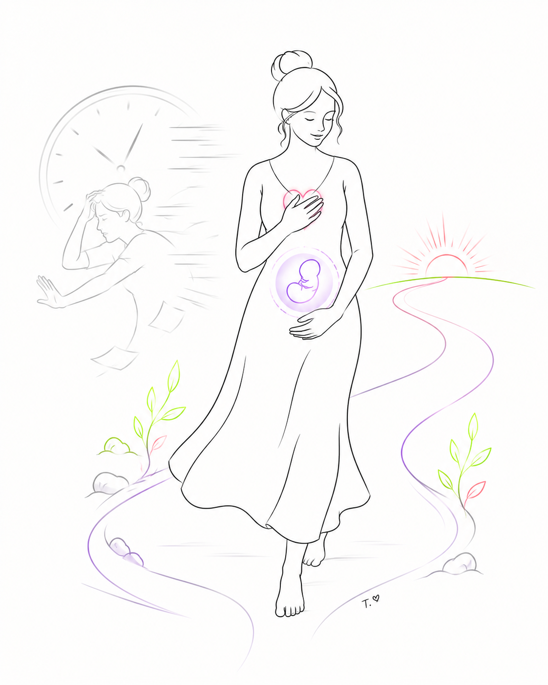 Ilustración de una mujer que deja atrás la lucha y avanza hacia su poder creador